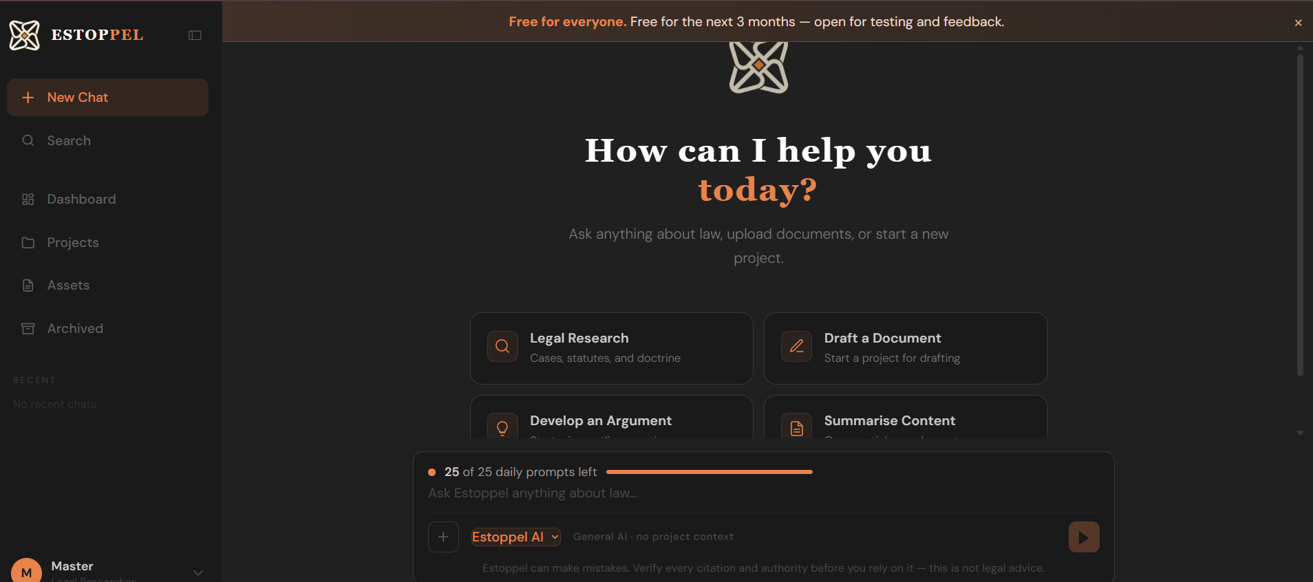 Estoppel chat interface with a visible reminder to verify every citation and authority