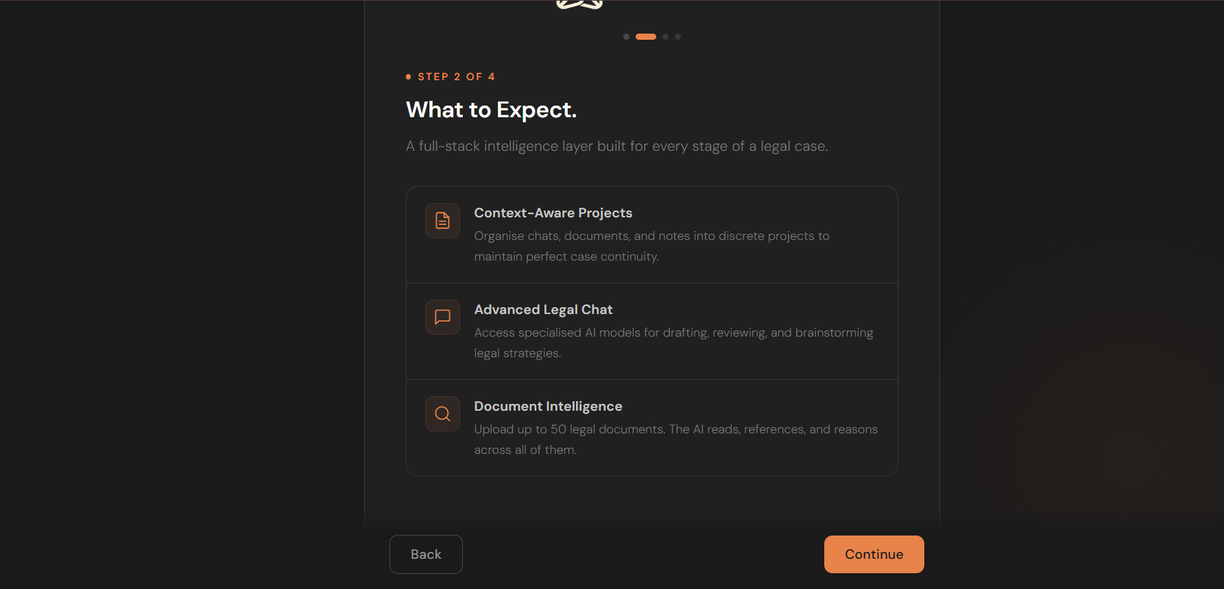 The three pillars: context-aware projects, advanced legal chat and document intelligence.