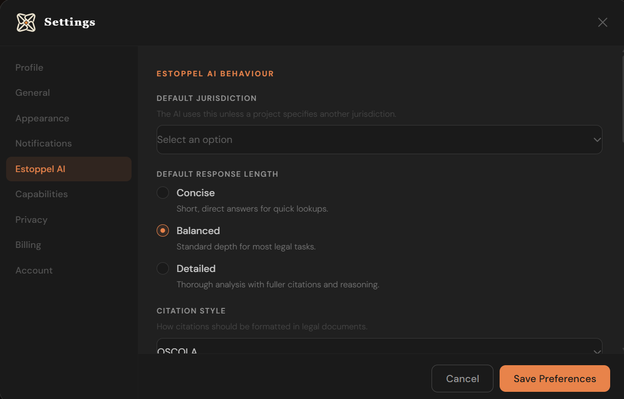 Set a default jurisdiction, response length and citation style.