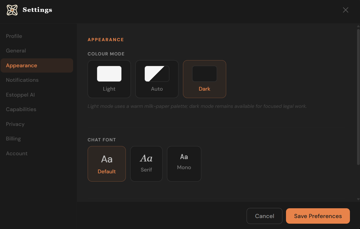 A focused dark mode for long drafting sessions.